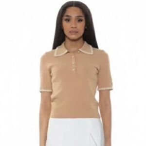 Alexia Admor “Brianna” Beige Short
Sleeve Knit Collared Top Size Large EUC!